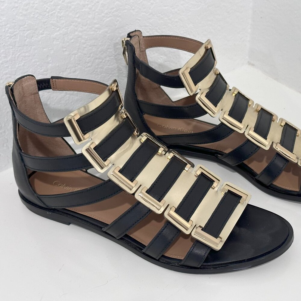 Black & Gold Calvin Klein UNDINA Sandal - Size 9M - Lightly Worn